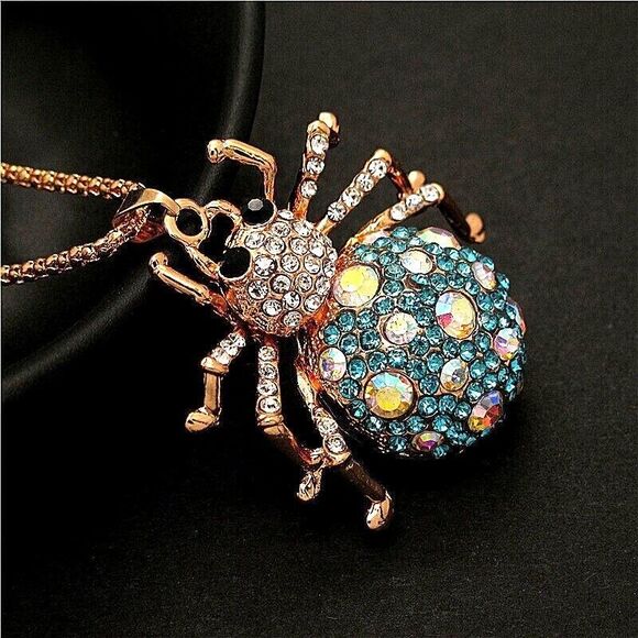 NEW Betsey Johnson Necklace Blue Rhinestone Spider Gold Chain NWT - Picture 9 of 10